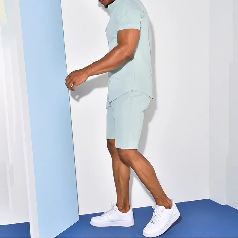 Men's two-piece short sleeve suit set with polyester shirt and shorts in khaki, white, and light blue