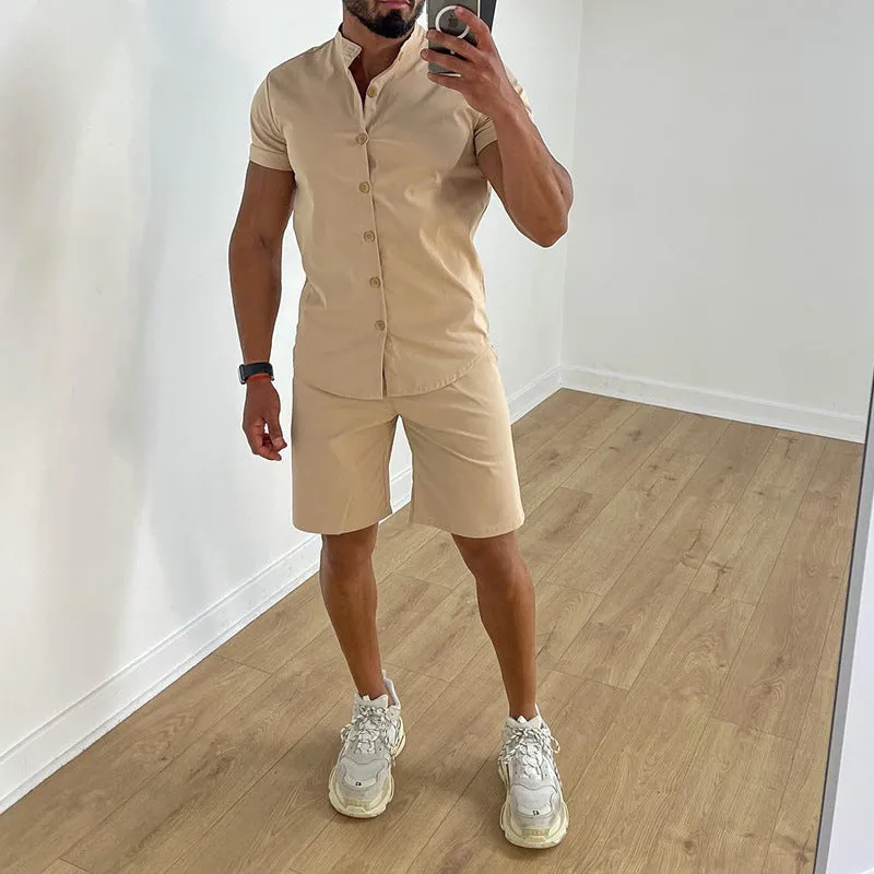 Men's two-piece short sleeve suit set with polyester shirt and shorts in khaki, white, and light blue
