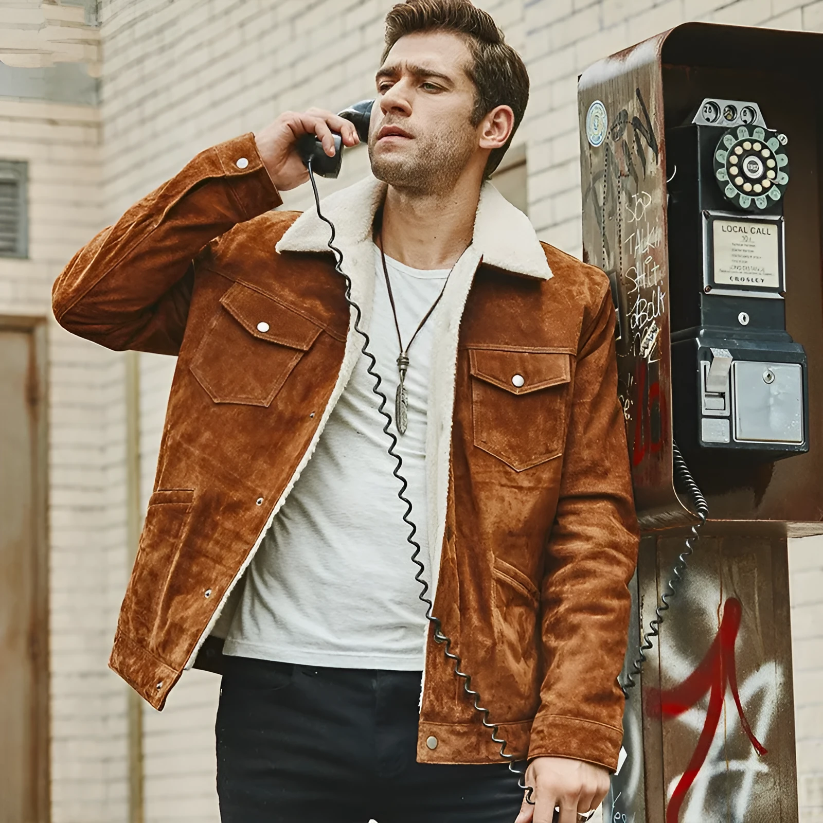 Men's brown genuine pigskin leather cotton padded jacket with lapel collar, single-breasted front, regular length straight style