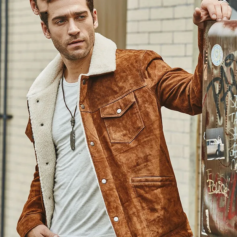 Men's brown genuine pigskin leather cotton padded jacket with lapel collar, single-breasted front, regular length straight style