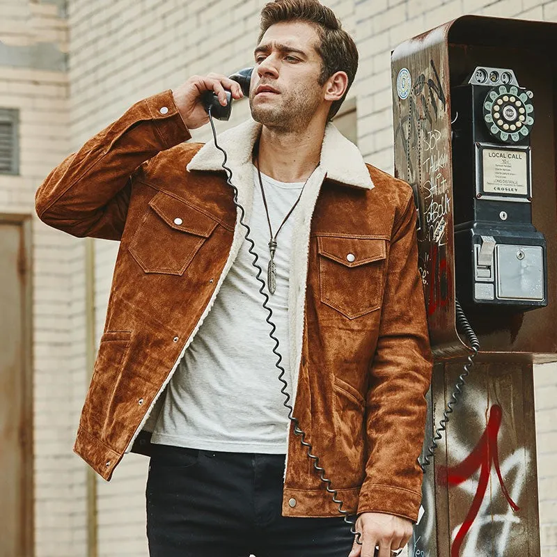 Men's brown genuine pigskin leather cotton padded jacket with lapel collar, single-breasted front, regular length straight style
