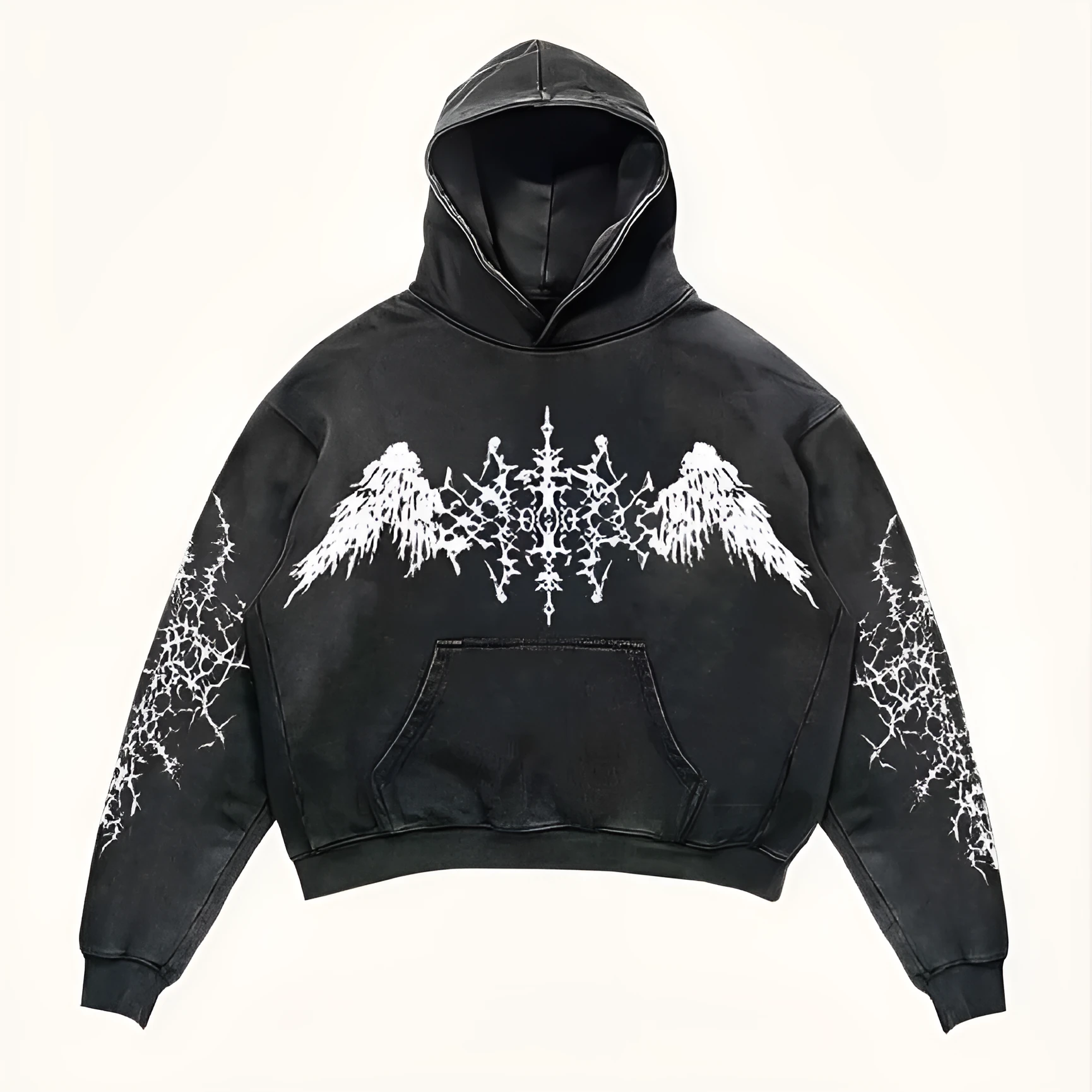 Men's black hooded long sleeve sweatshirt on plain background