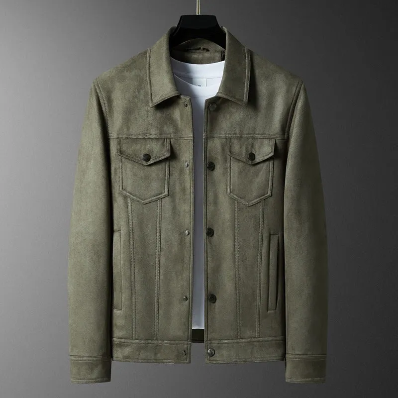 Men's spring suede jacket in solid colour with raglan sleeves and 3D pocket, slim fit, army green