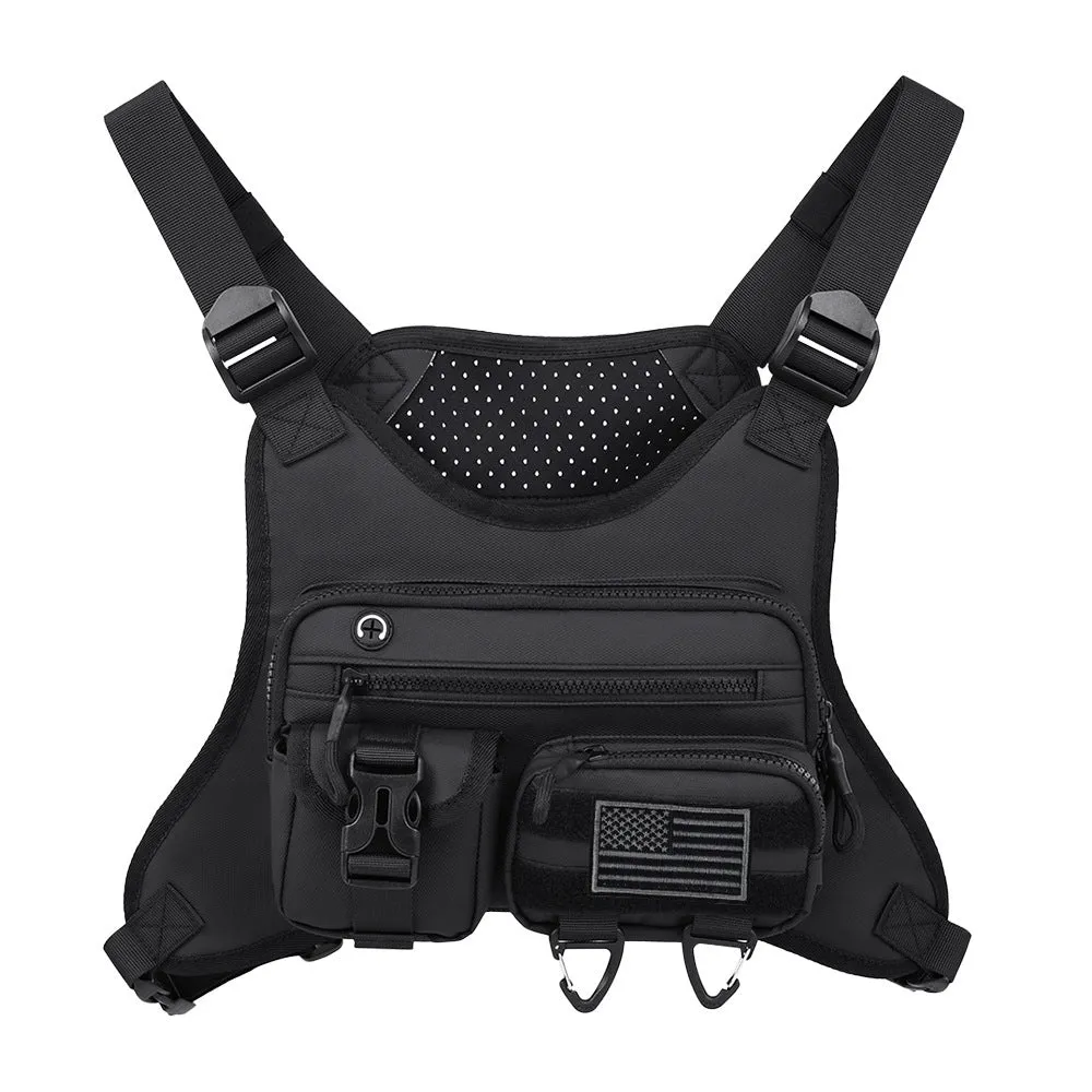 Black outdoor chest bag with adjustable straps, made from Oxford cloth with visible sewing lines.