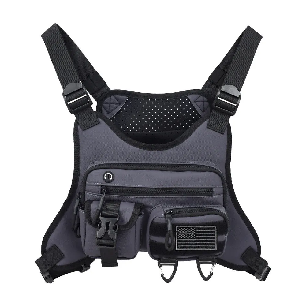 Black outdoor chest bag with adjustable straps, made from Oxford cloth with visible sewing lines.