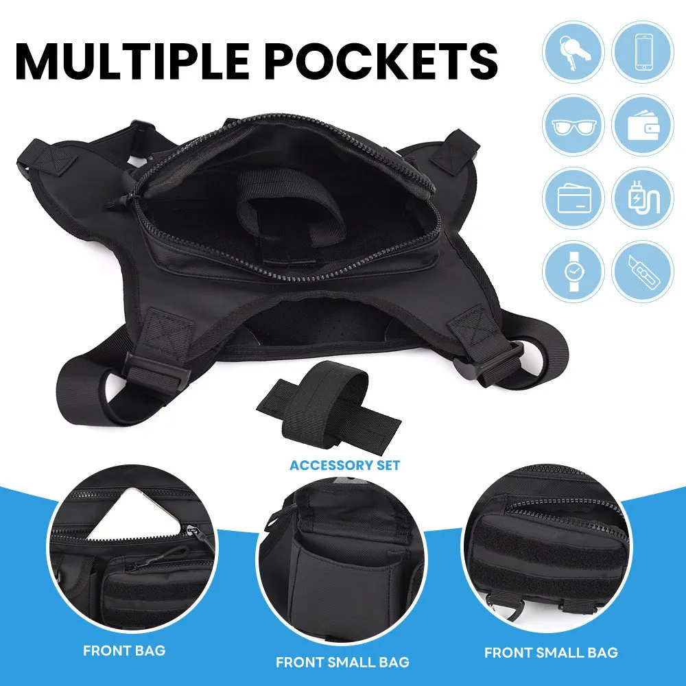 Black outdoor chest bag with adjustable straps, made from Oxford cloth with visible sewing lines.