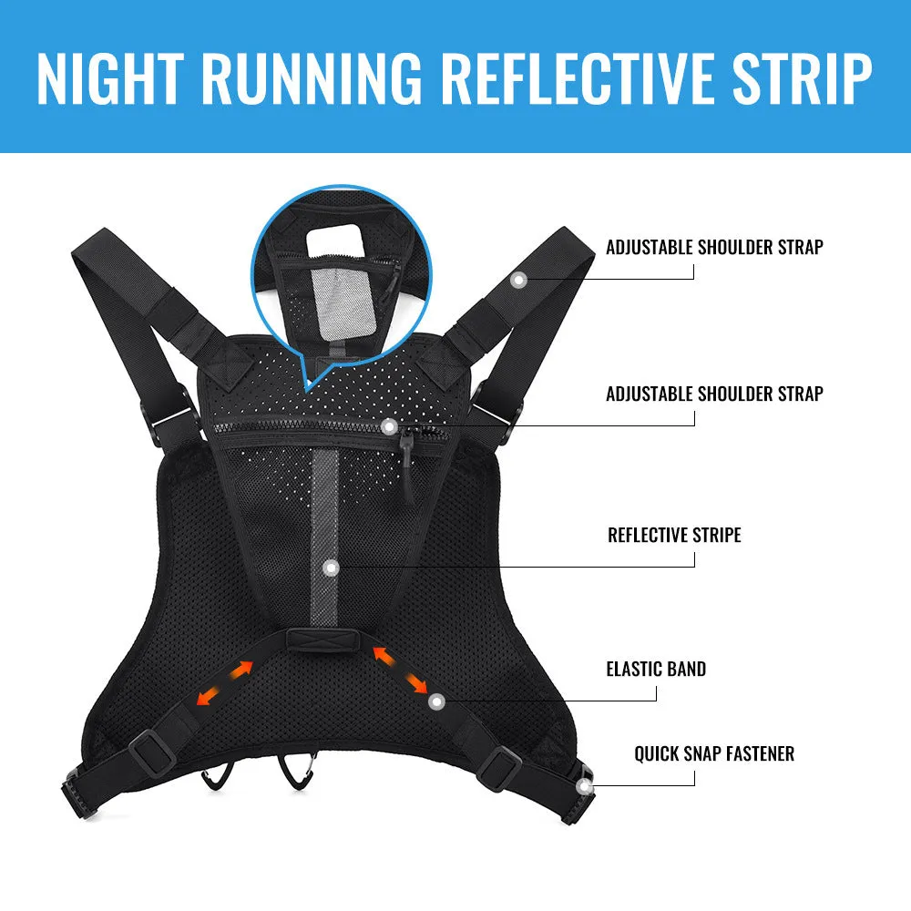 Black outdoor chest bag with adjustable straps, made from Oxford cloth with visible sewing lines.