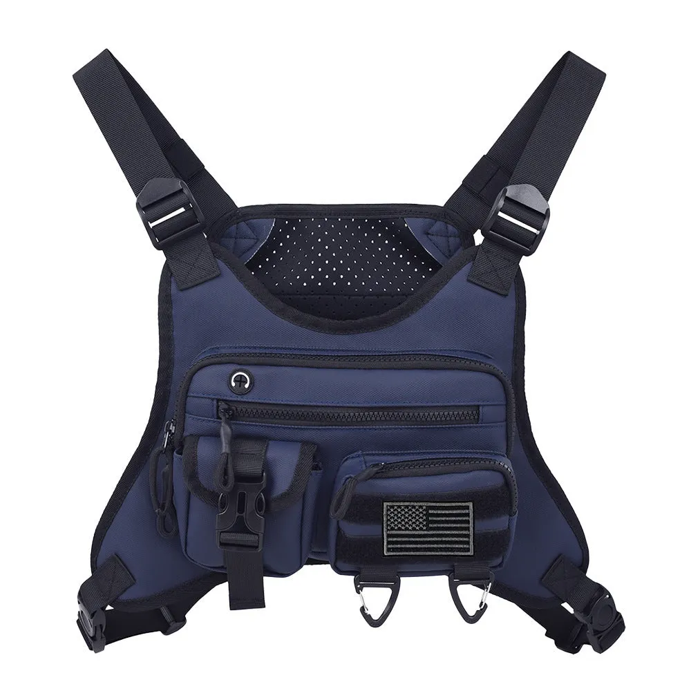 Black outdoor chest bag with adjustable straps, made from Oxford cloth with visible sewing lines.