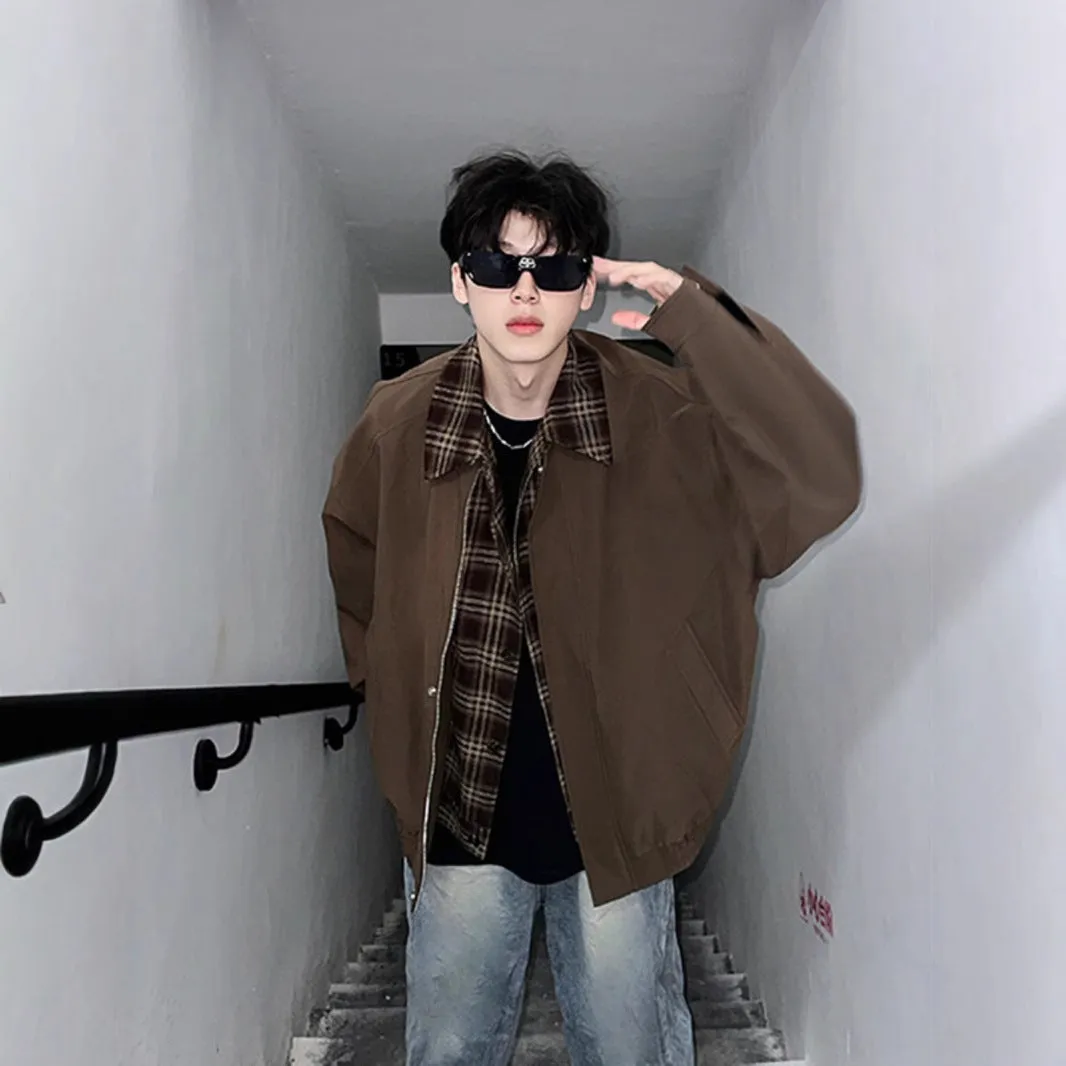 Men's spring-autumn fake two-piece jacket in black, loose fit, with side pockets and long sleeves