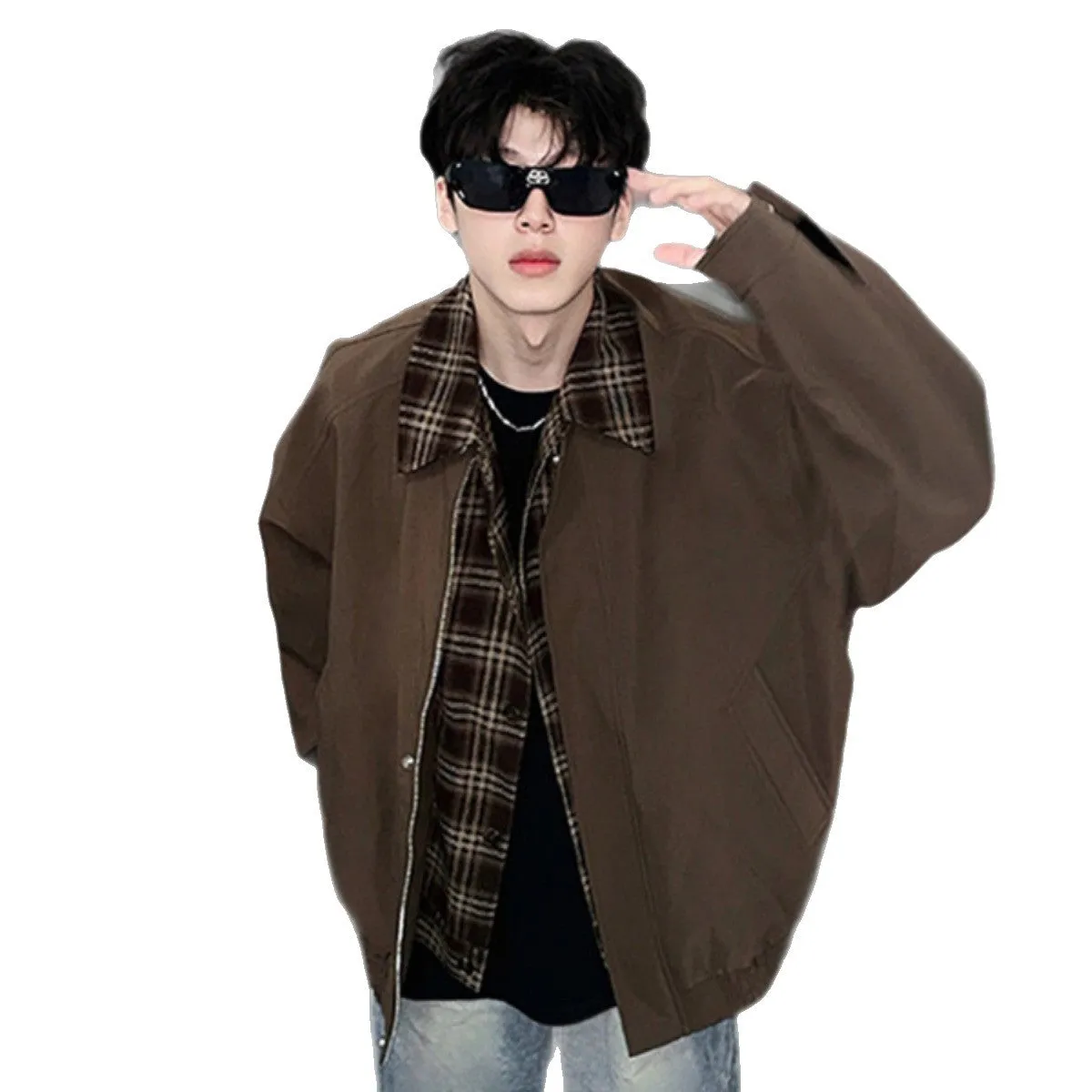 Men's spring-autumn fake two-piece jacket in black, loose fit, with side pockets and long sleeves