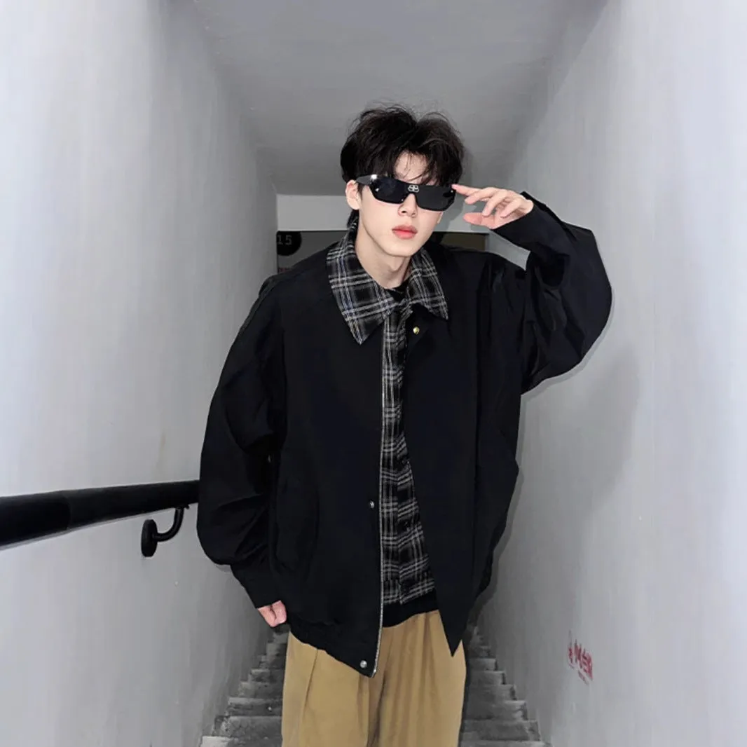 Men's spring-autumn fake two-piece jacket in black, loose fit, with side pockets and long sleeves