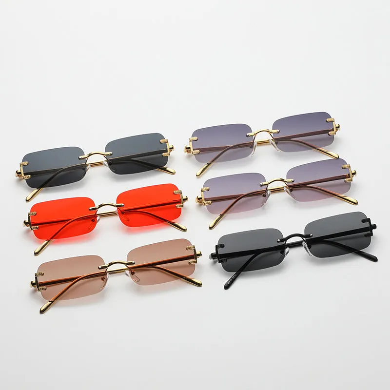 Retro square frameless sunglasses with gold metal frame and black/grey AC lenses