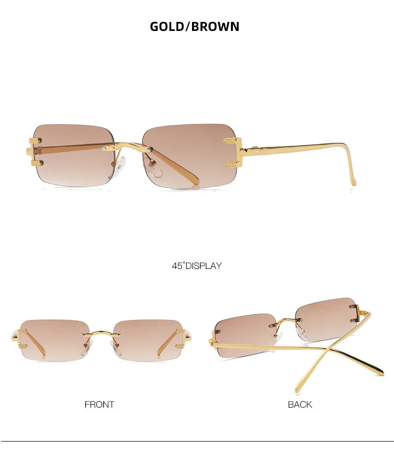 Retro square frameless sunglasses with gold metal frame and black/grey AC lenses