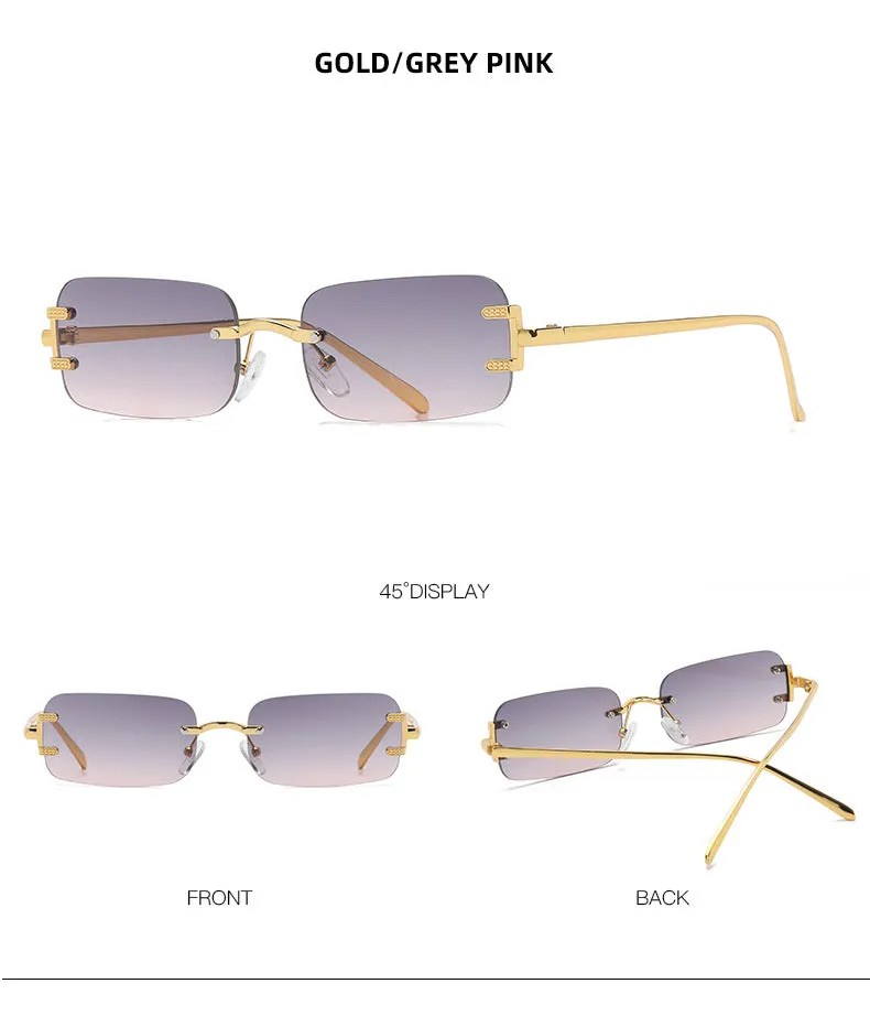 Retro square frameless sunglasses with gold metal frame and black/grey AC lenses