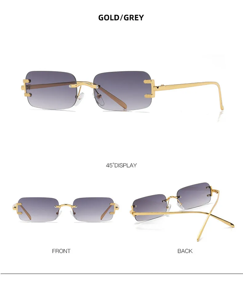 Retro square frameless sunglasses with gold metal frame and black/grey AC lenses