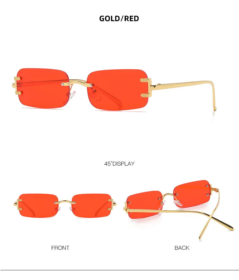 Retro square frameless sunglasses with gold metal frame and black/grey AC lenses