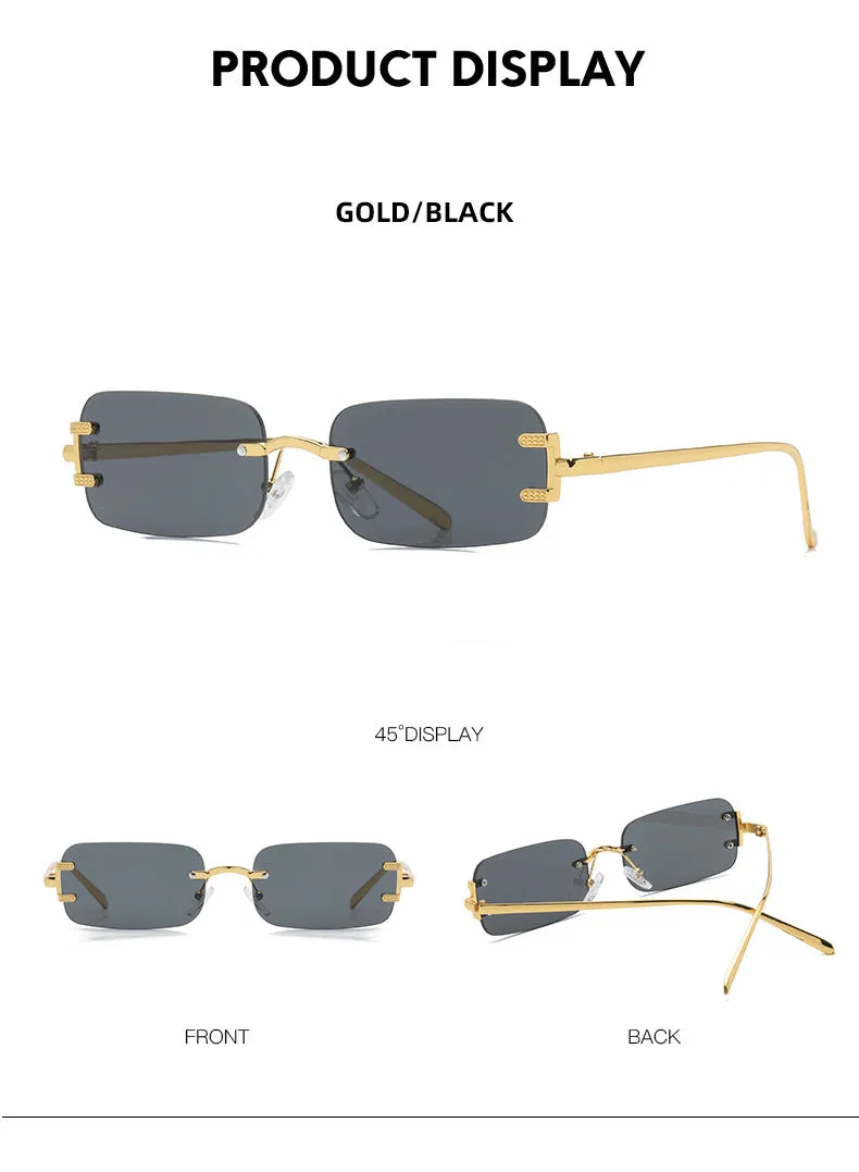 Retro square frameless sunglasses with gold metal frame and black/grey AC lenses
