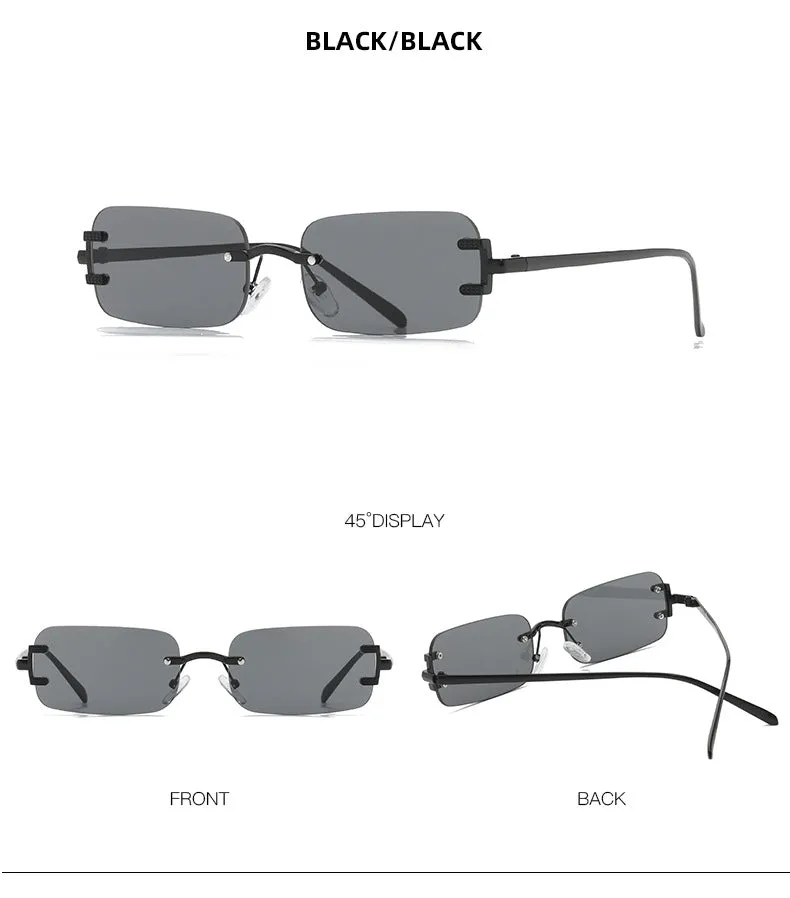 Retro square frameless sunglasses with gold metal frame and black/grey AC lenses