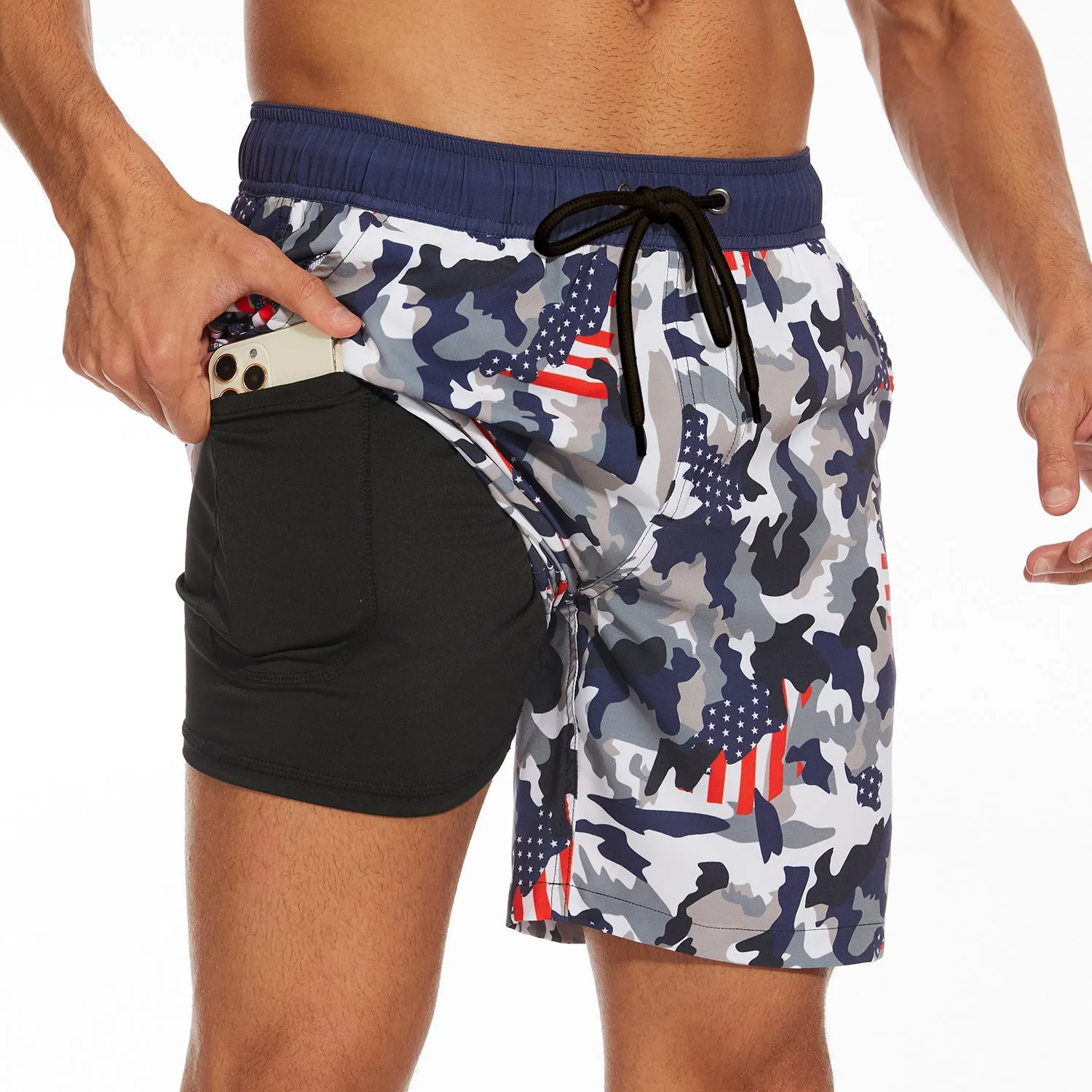 Men's summer shorts in striped pattern, elastic waistband, polyester fabric, available in sizes S to 5XL