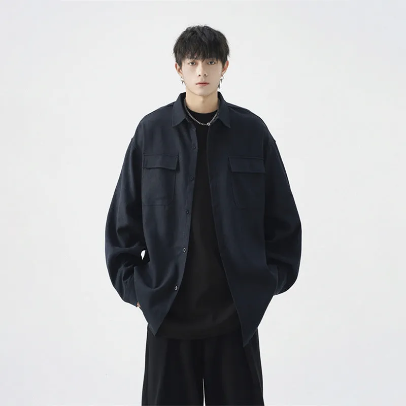 Men's loose casual work shirt jacket in black, long sleeve, regular thickness, synthetic fibre blend