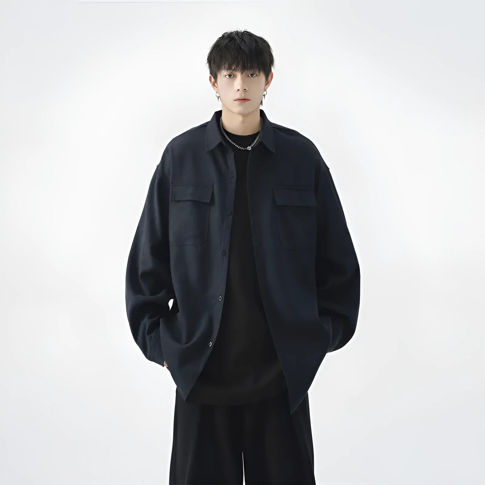 Men's loose casual work shirt jacket in black, long sleeve, regular thickness, synthetic fibre blend
