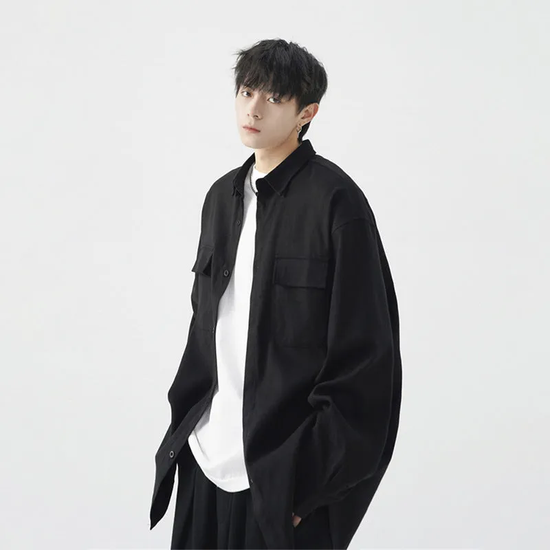 Men's loose casual work shirt jacket in black, long sleeve, regular thickness, synthetic fibre blend