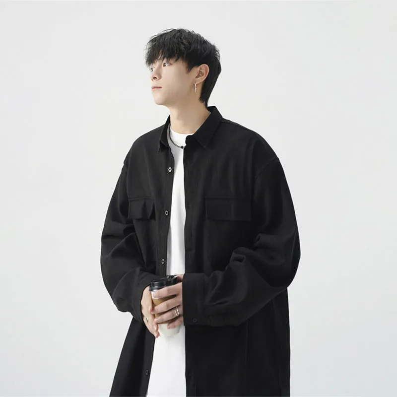 Men's loose casual work shirt jacket in black, long sleeve, regular thickness, synthetic fibre blend