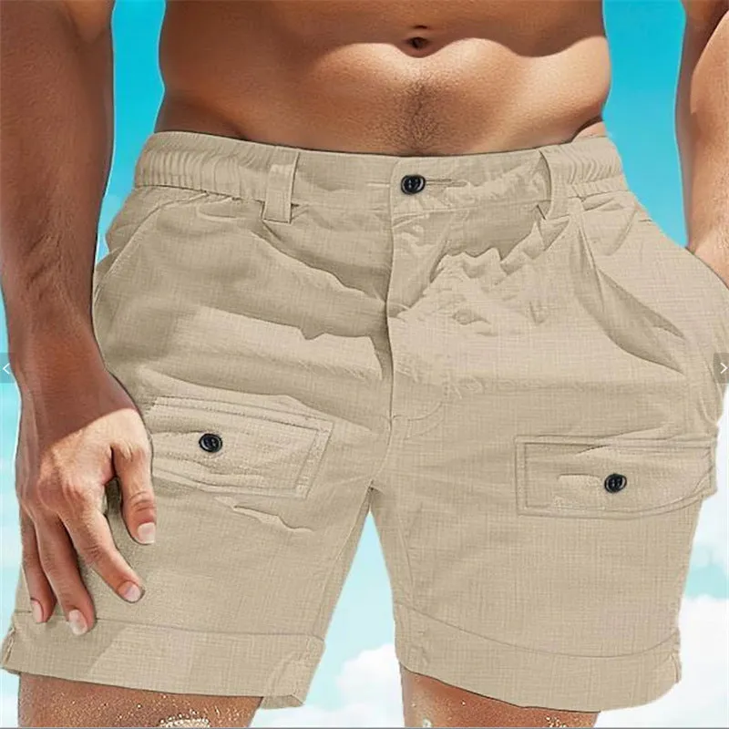 Men's khaki linen shorts with elastic waistband and button front pocket on a white background