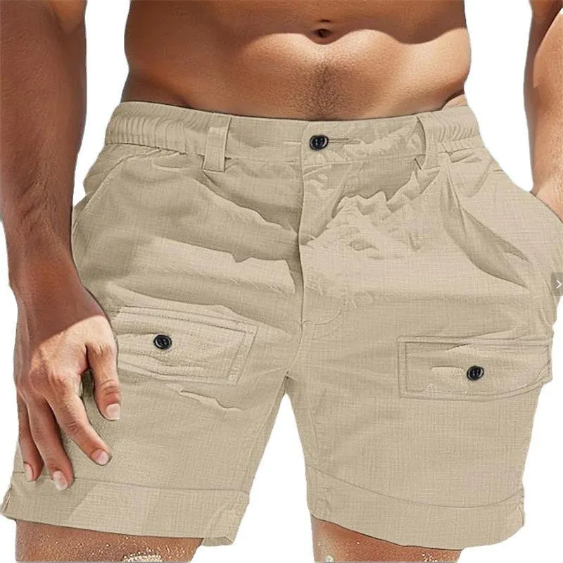 Men's khaki linen shorts with elastic waistband and button front pocket on a white background
