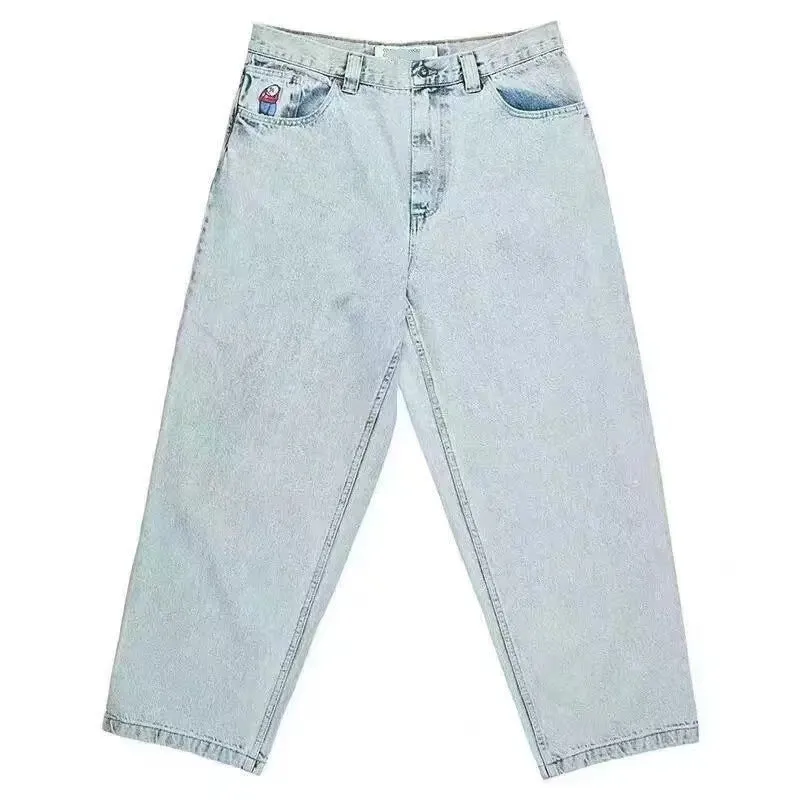 Men's retro patterned print straight-leg trousers in polyester fibre denim, available in black