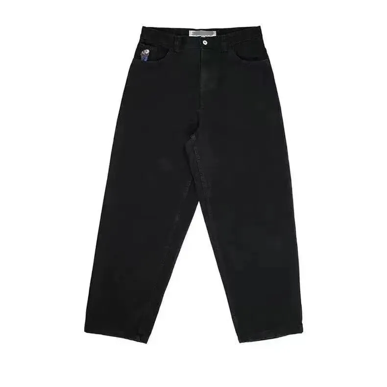 Men's retro patterned print straight-leg trousers in polyester fibre denim, available in black