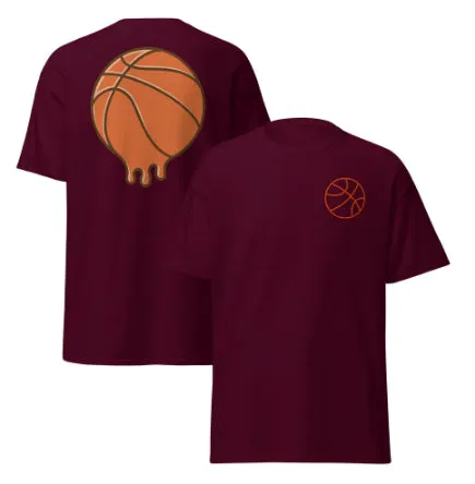 Men's maroon polyester mesh cloth short-sleeved T-shirt pullover on model, front view