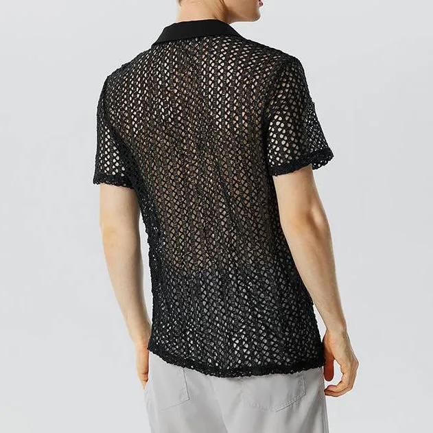 Men's solid black polyester jacquard lapel knitwear sweater for teenagers, front view, size L