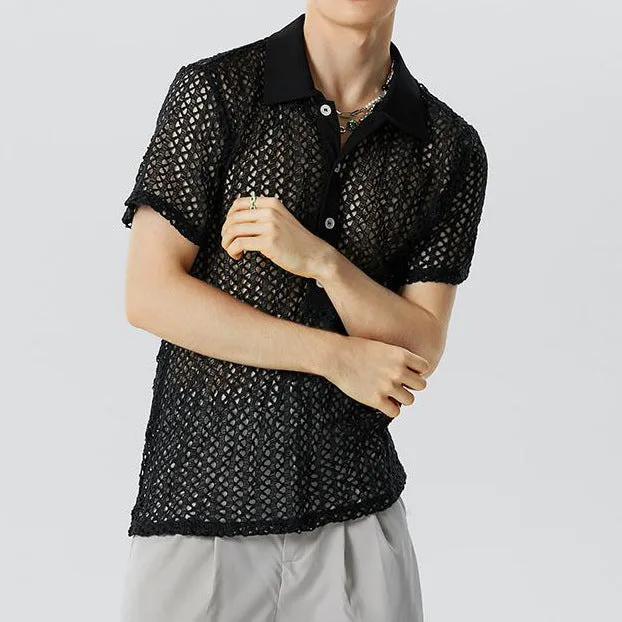 Men's solid black polyester jacquard lapel knitwear sweater for teenagers, front view, size L