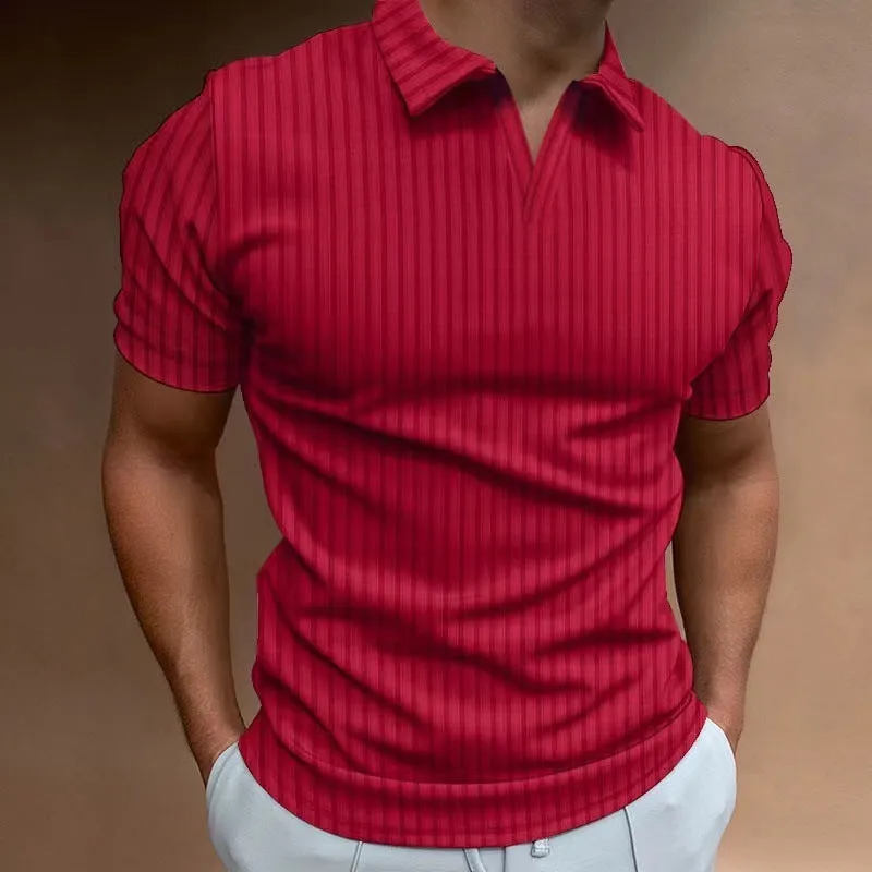 Man wearing a striped V-neck short sleeve polo shirt for summer sports.
