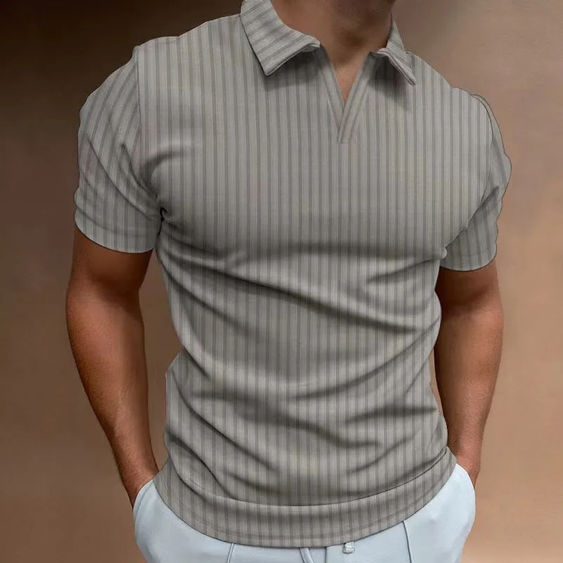 Man wearing a striped V-neck short sleeve polo shirt for summer sports.