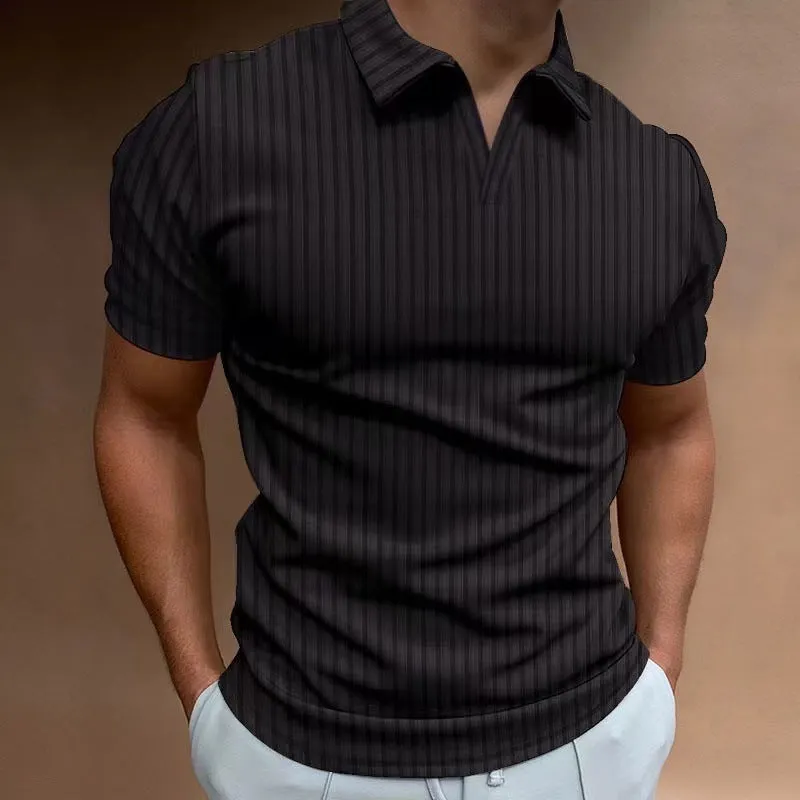 Man wearing a striped V-neck short sleeve polo shirt for summer sports.