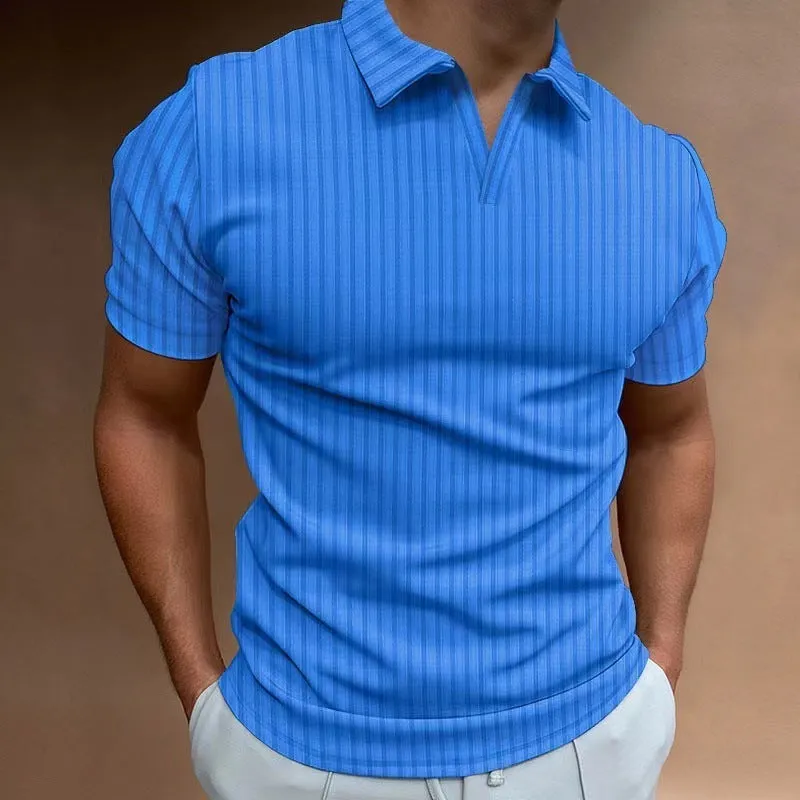 Man wearing a striped V-neck short sleeve polo shirt for summer sports.