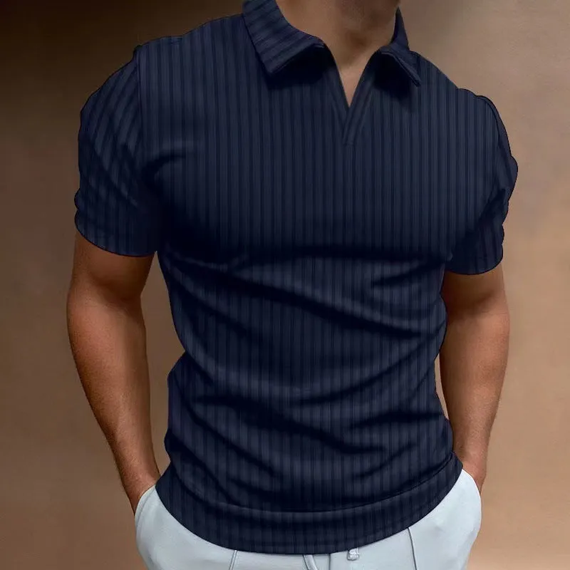 Man wearing a striped V-neck short sleeve polo shirt for summer sports.