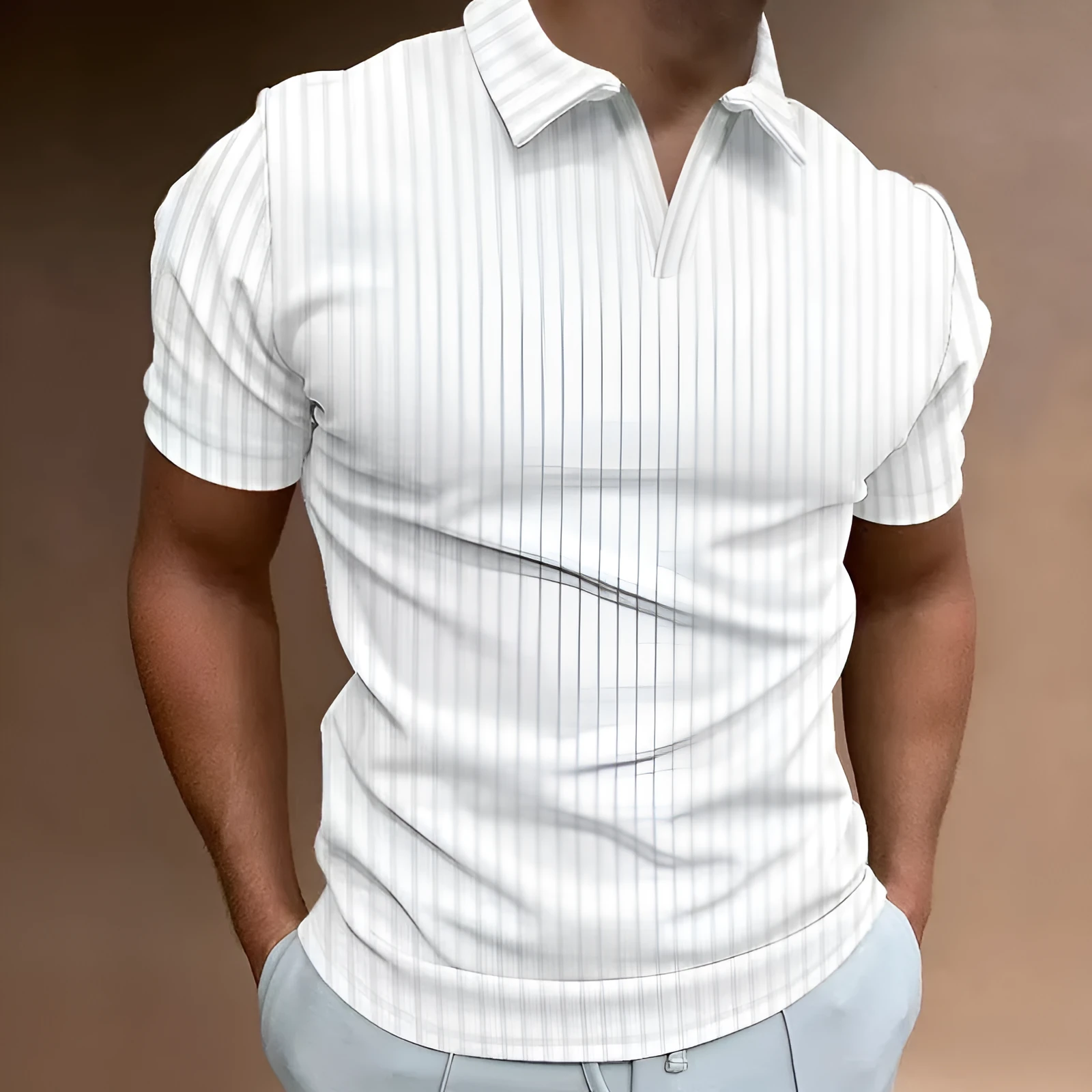 Man wearing a striped V-neck short sleeve polo shirt for summer sports.