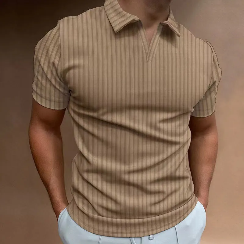 Man wearing a striped V-neck short sleeve polo shirt for summer sports.