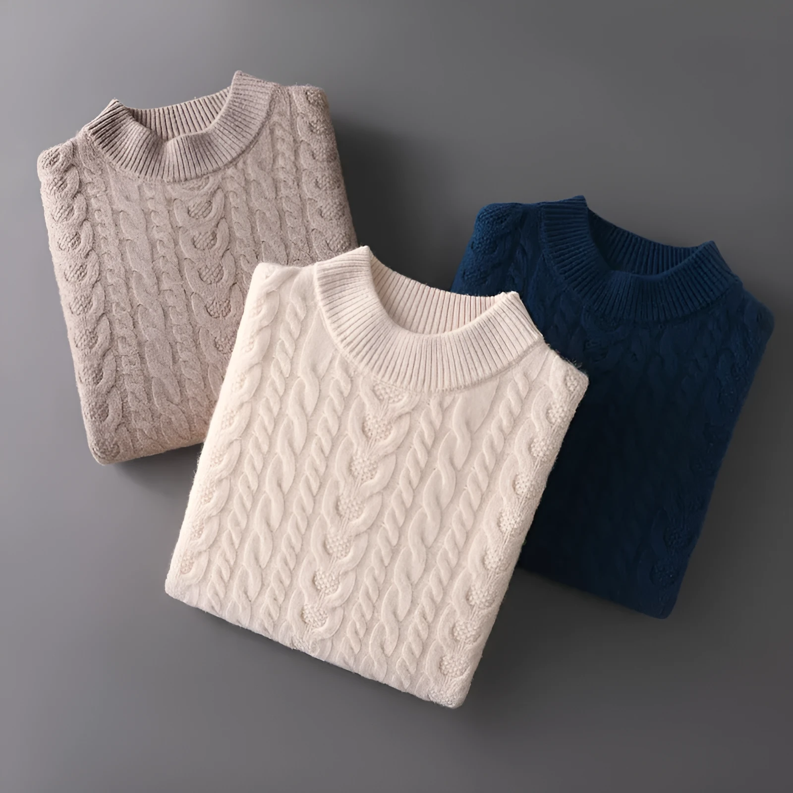 Men's wool sweater with half turtleneck and cable knit, thick yarn pullover in beige on a plain background