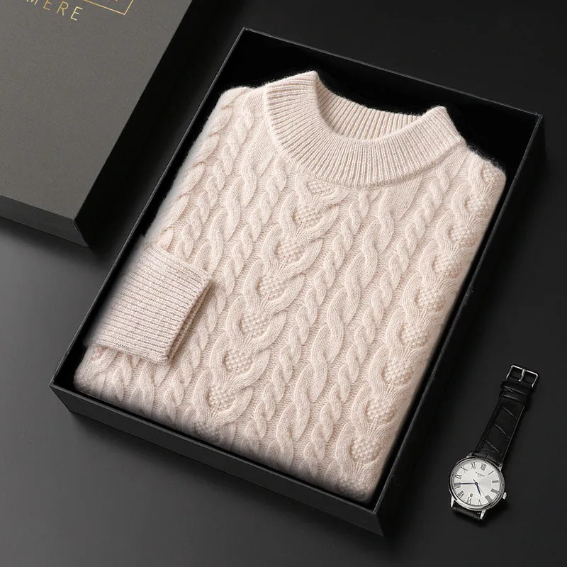 Men's wool sweater with half turtleneck and cable knit, thick yarn pullover in beige on a plain background