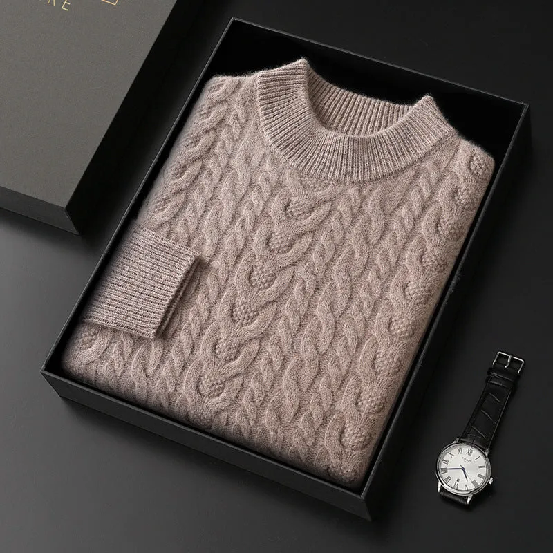 Men's wool sweater with half turtleneck and cable knit, thick yarn pullover in beige on a plain background