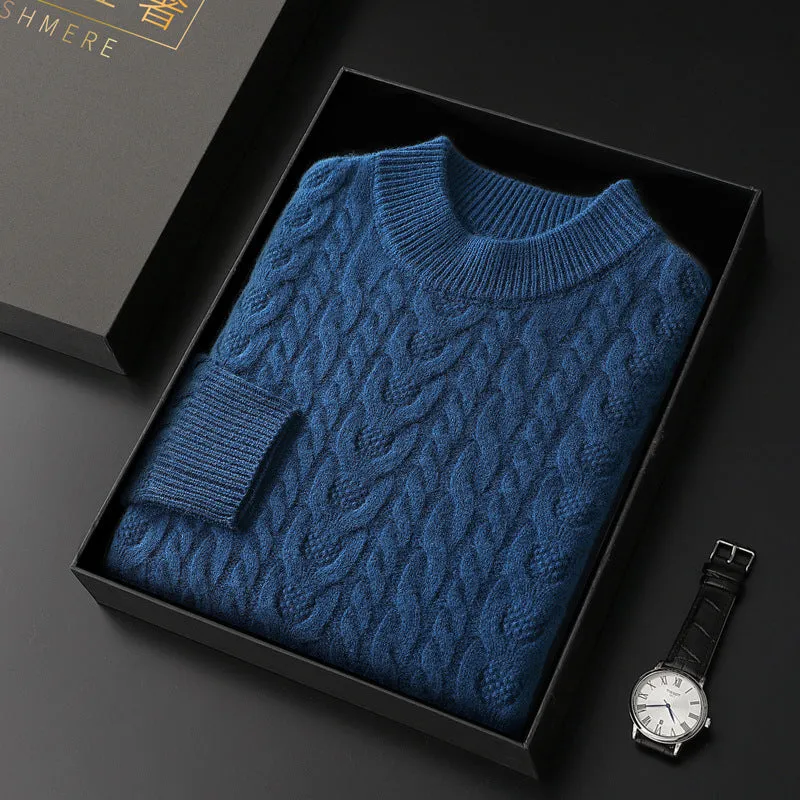 Men's wool sweater with half turtleneck and cable knit, thick yarn pullover in beige on a plain background