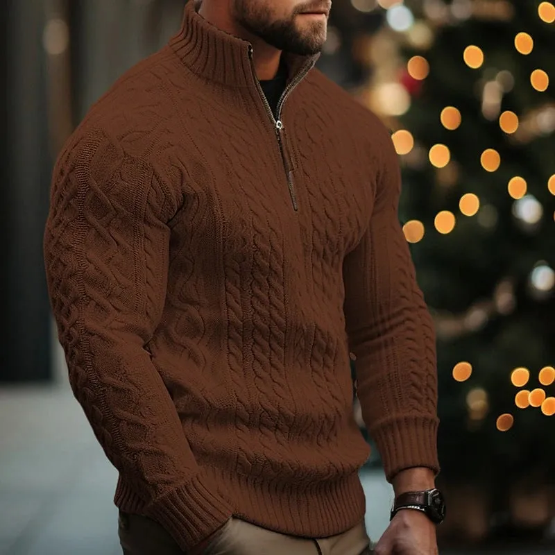Men's knitwear half zip coat solid colour twisted thickened sweater in brown, loose fit British style pullover with long sleeves