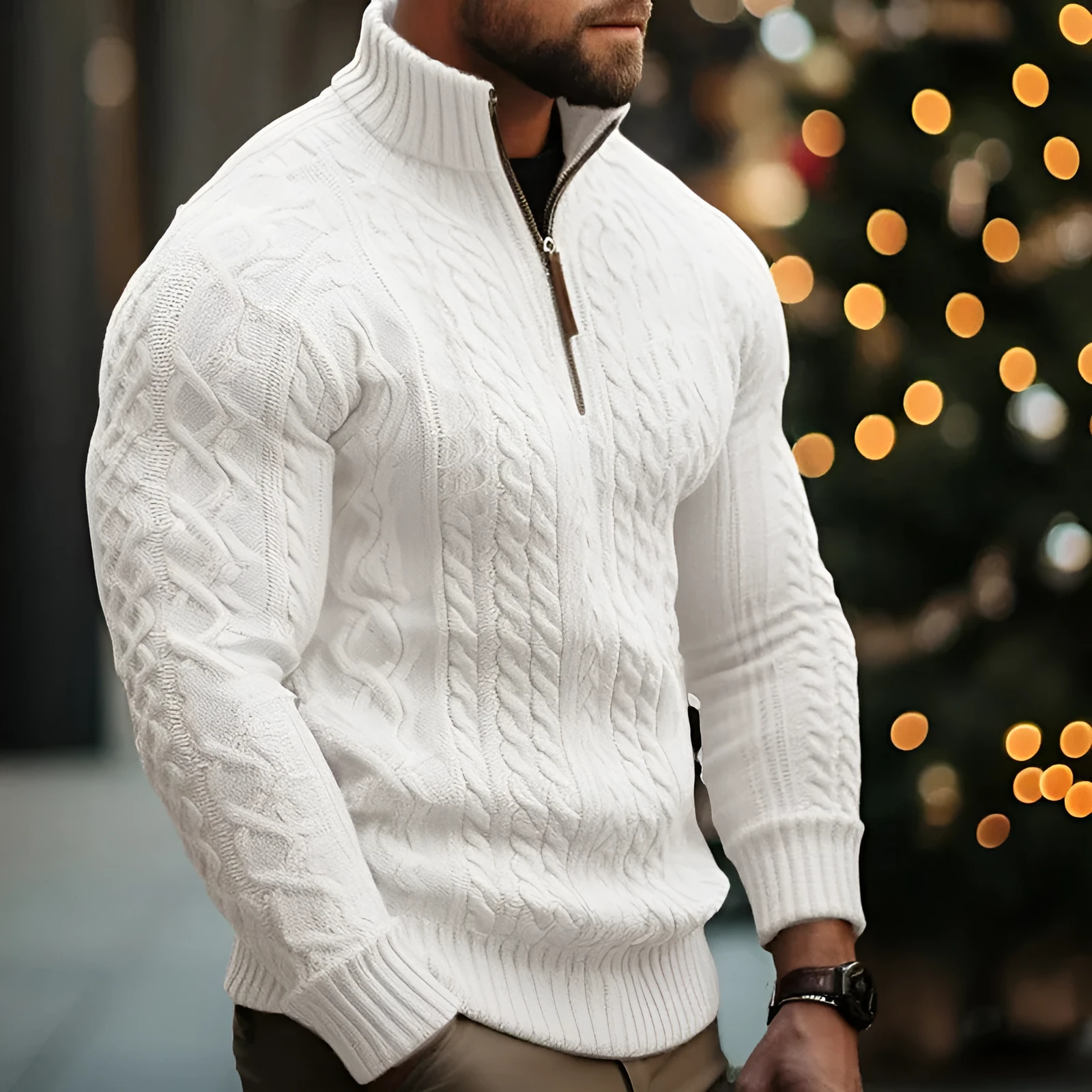 Men's knitwear half zip coat solid colour twisted thickened sweater in brown, loose fit British style pullover with long sleeves