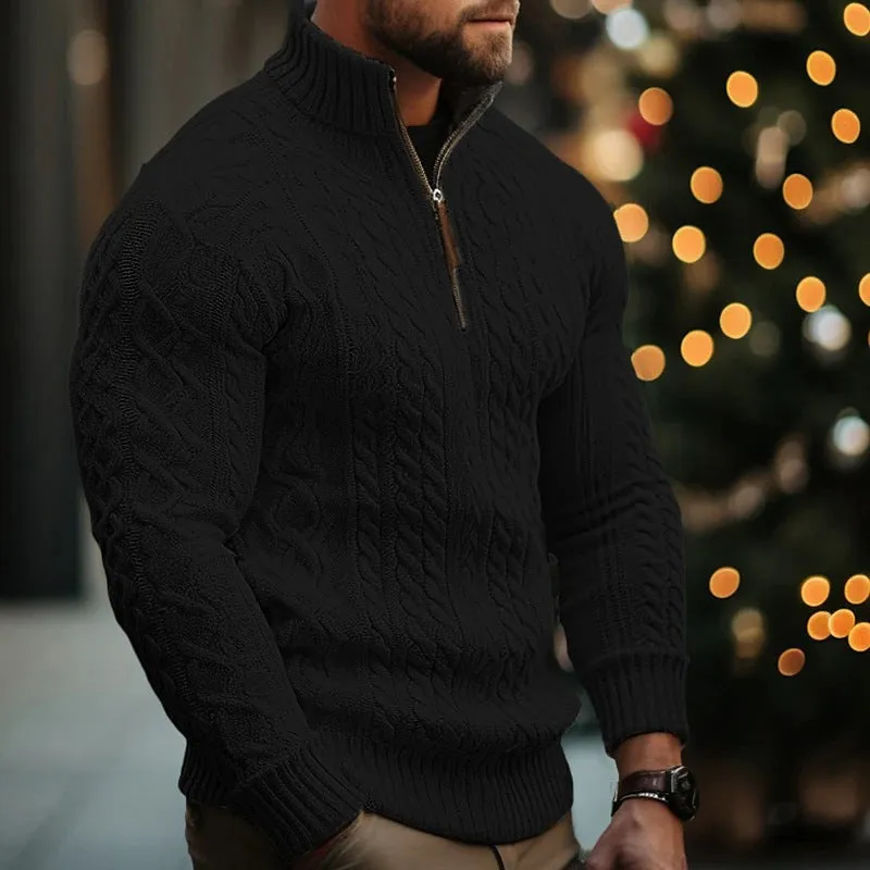 Men's knitwear half zip coat solid colour twisted thickened sweater in brown, loose fit British style pullover with long sleeves