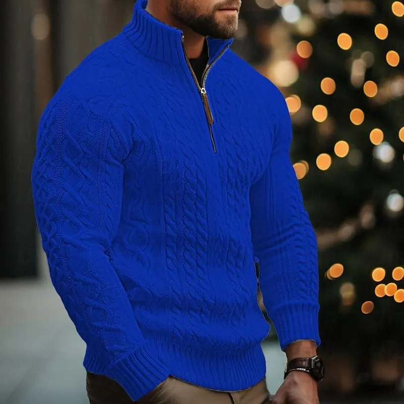 Men's knitwear half zip coat solid colour twisted thickened sweater in brown, loose fit British style pullover with long sleeves