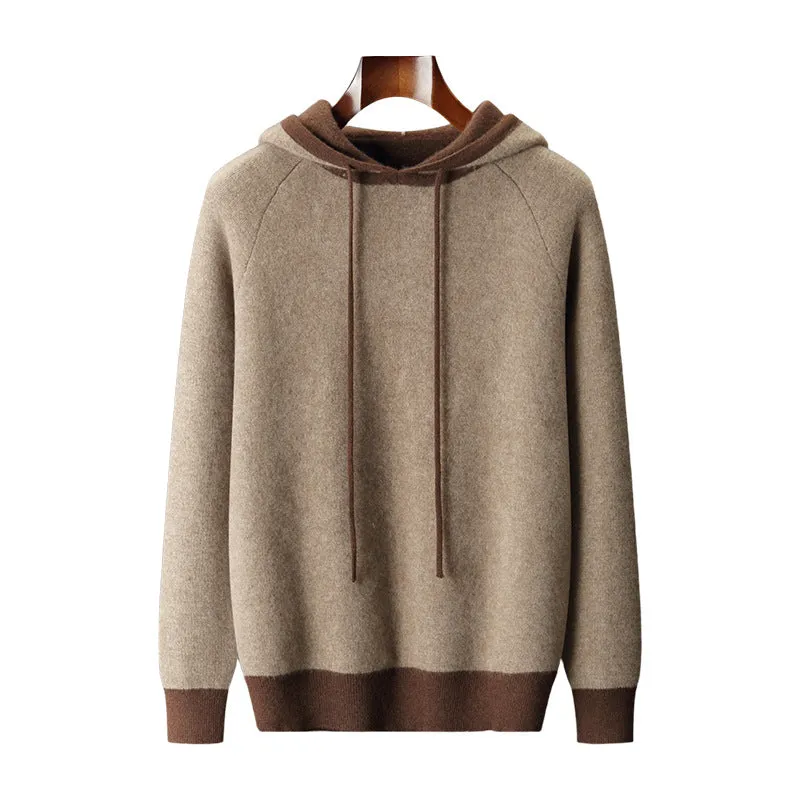 Knitted hooded pullover sweater coat in loose Korean style, available in purple velvet and elephant gray, winter casual wear for women.